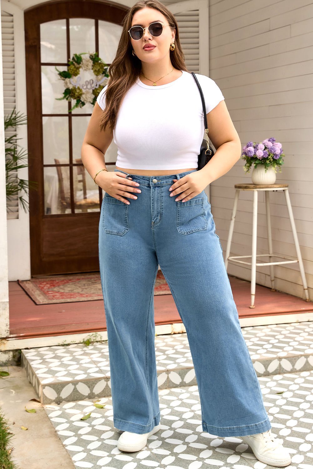 Crowned Energy CO. Dusk Blue / 1X / 65%Cotton+33%Polyester+2%Elastane Dear-Lover Dropshipping Plus Size/Plus Size Bottoms Dusk Blue Patched Pocket Textured Wide Leg Plus Size Jeans