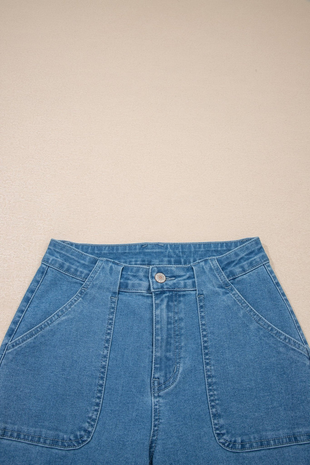 Dusk Blue Retro Washed Patch Pocket Stretchy Jeans - Crowned Energy CO.