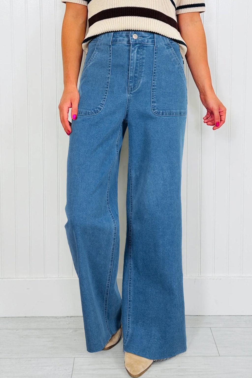 Dusk Blue Retro Washed Patch Pocket Stretchy Jeans - Crowned Energy CO.