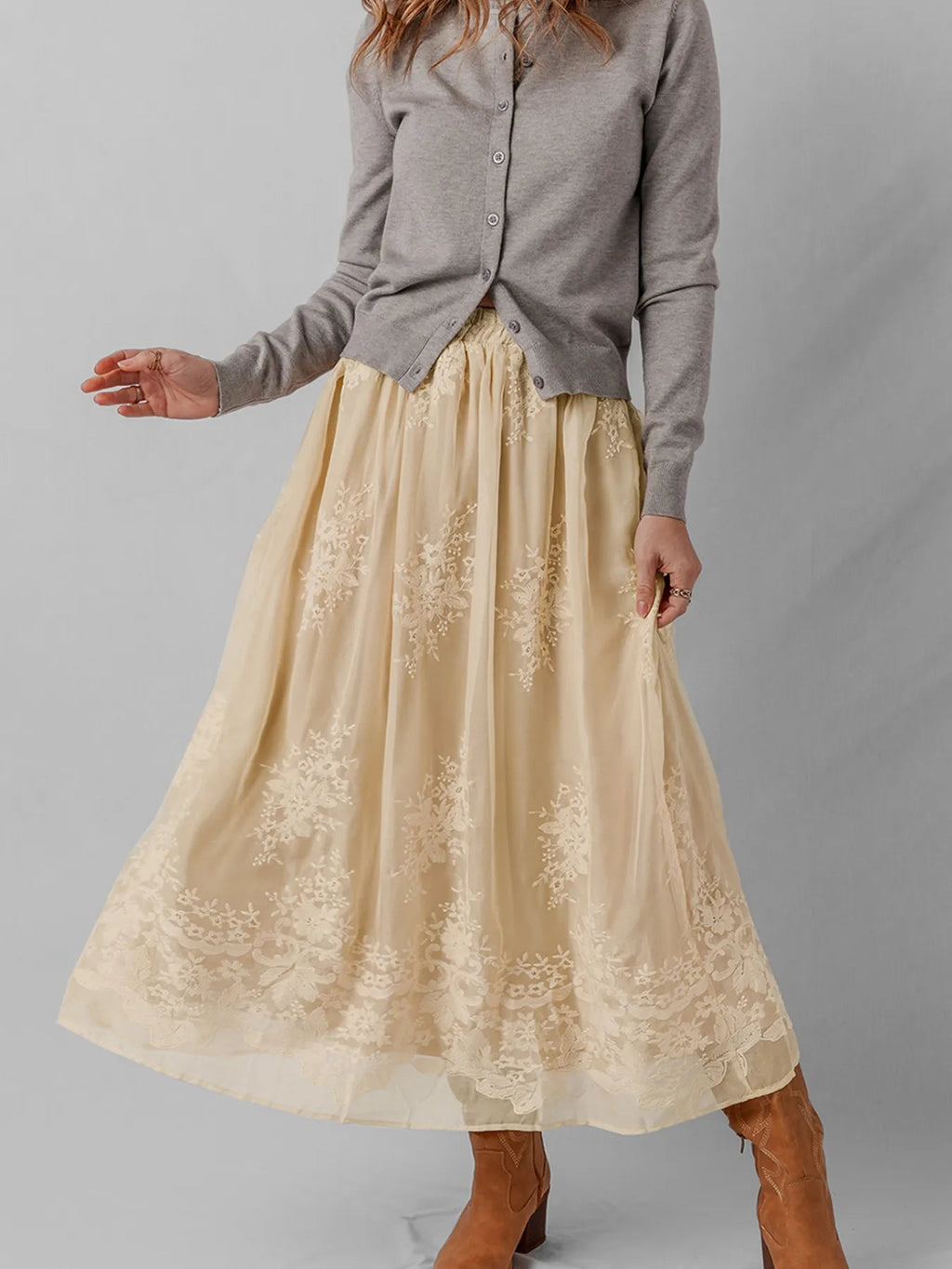 Embroidered Mesh Overlay Flowy Midi Skirt - Crowned Energy CO.