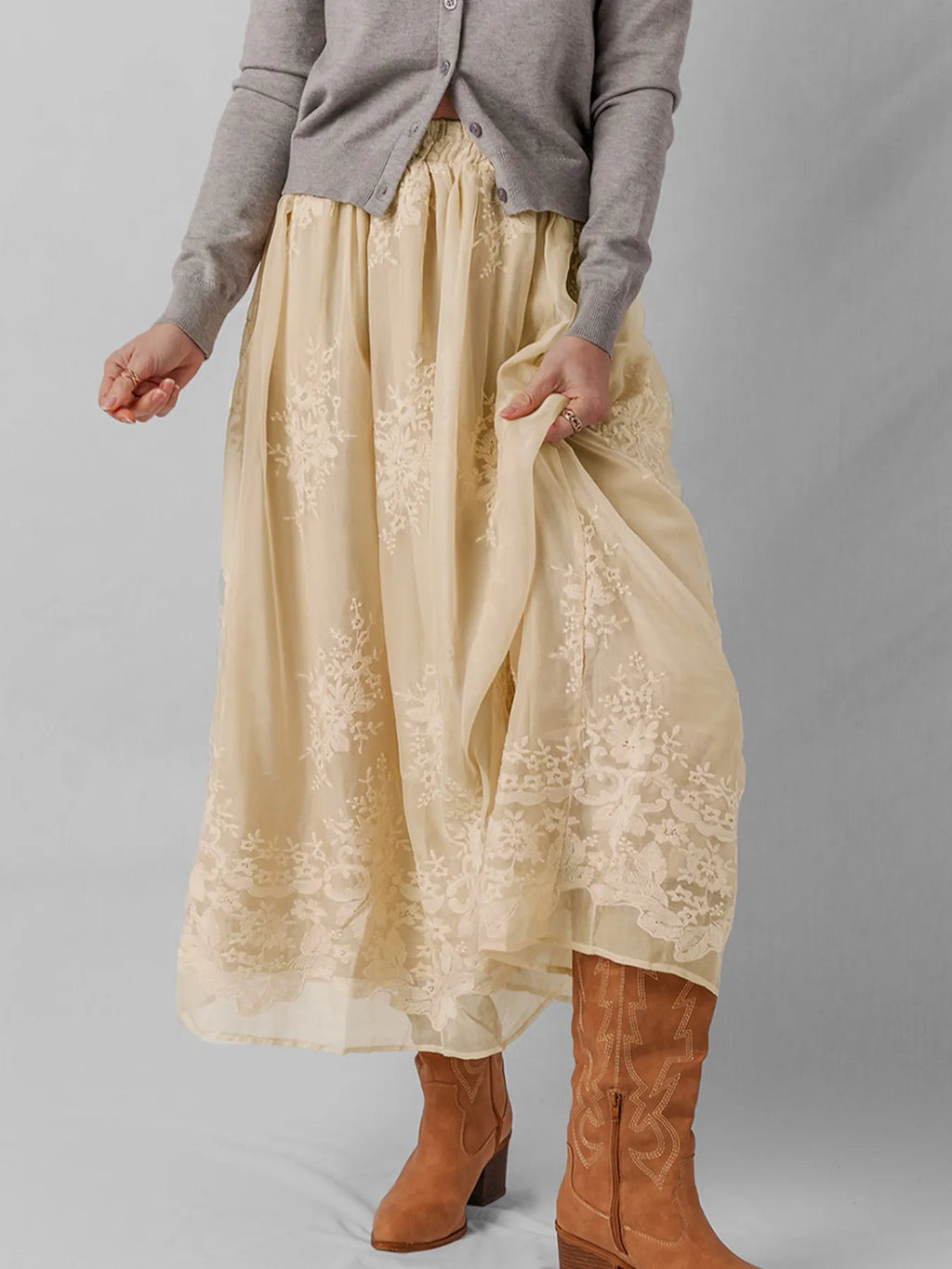 Embroidered Mesh Overlay Flowy Midi Skirt - Crowned Energy CO.