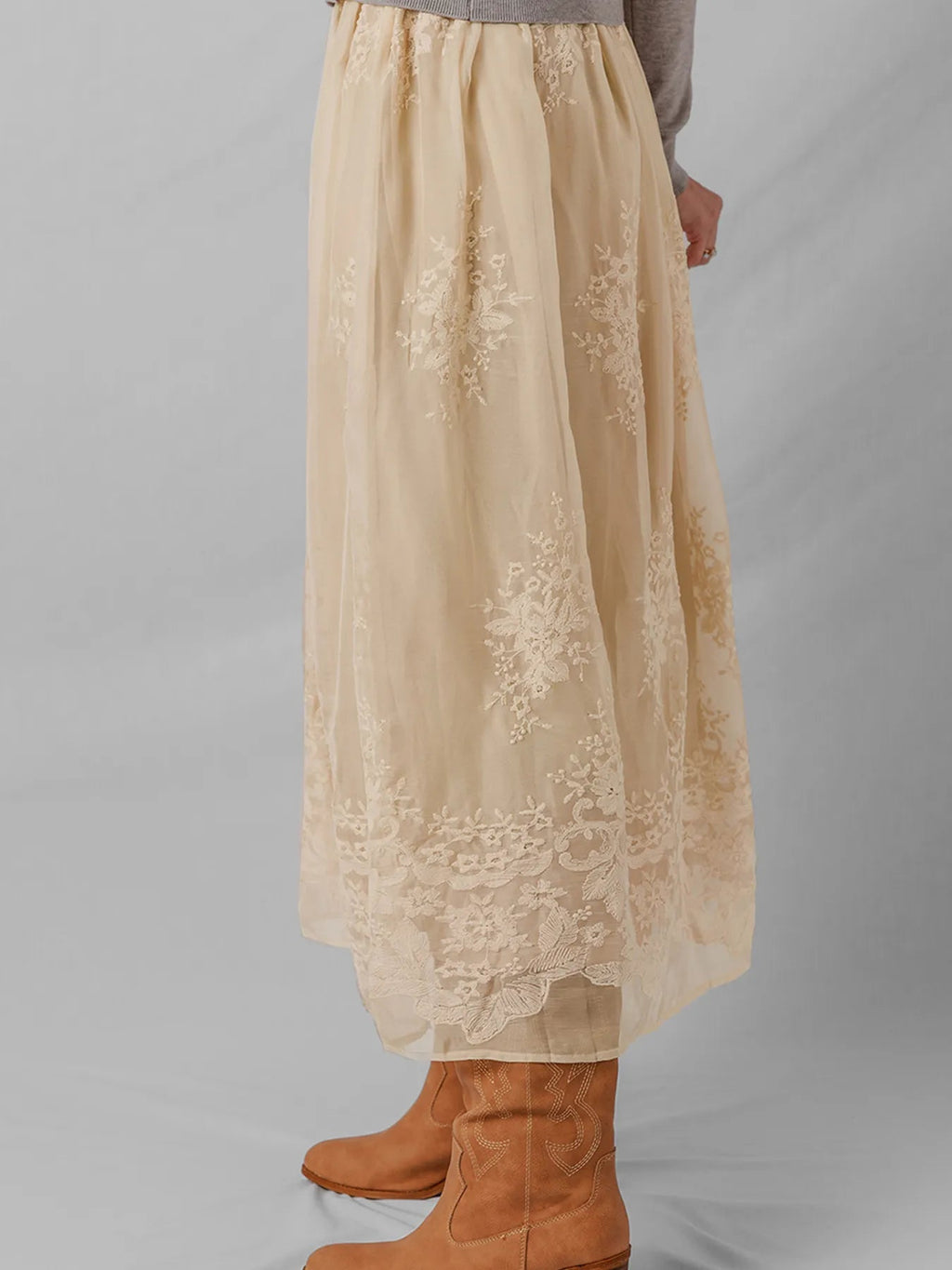 Embroidered Mesh Overlay Flowy Midi Skirt - Crowned Energy CO.