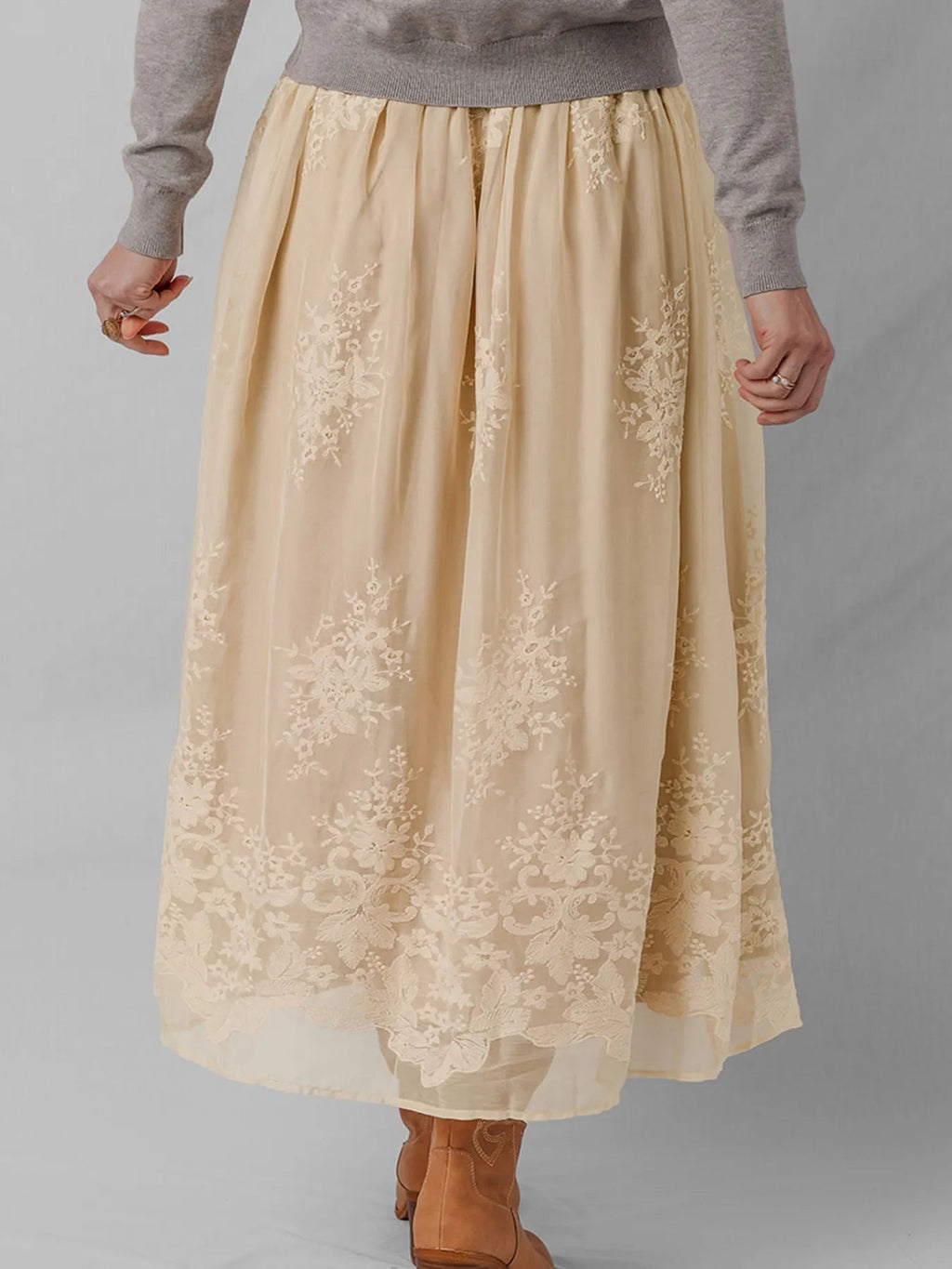 Embroidered Mesh Overlay Flowy Midi Skirt - Crowned Energy CO.