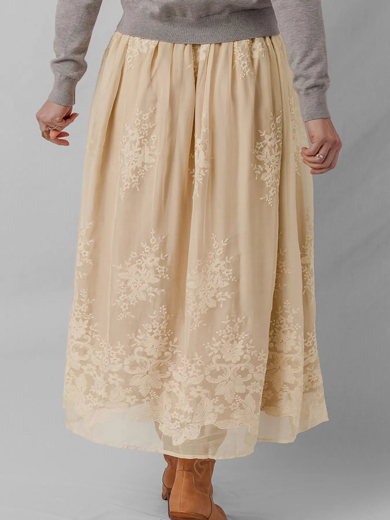 Embroidered Mesh Overlay Flowy Midi Skirt - Crowned Energy CO.