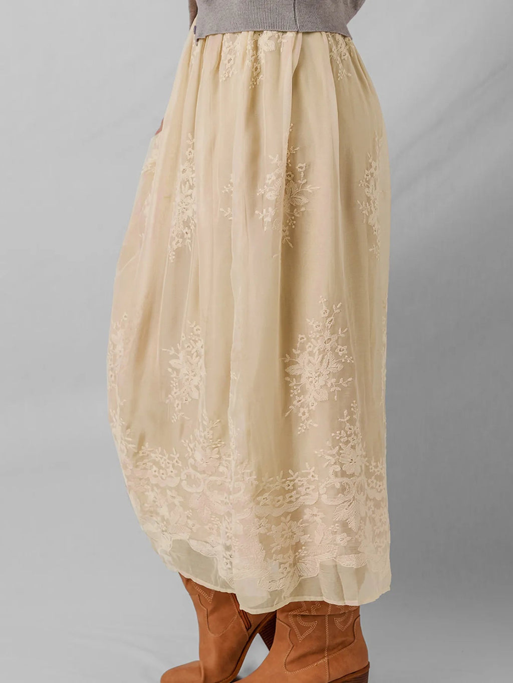 Embroidered Mesh Overlay Flowy Midi Skirt - Crowned Energy CO.