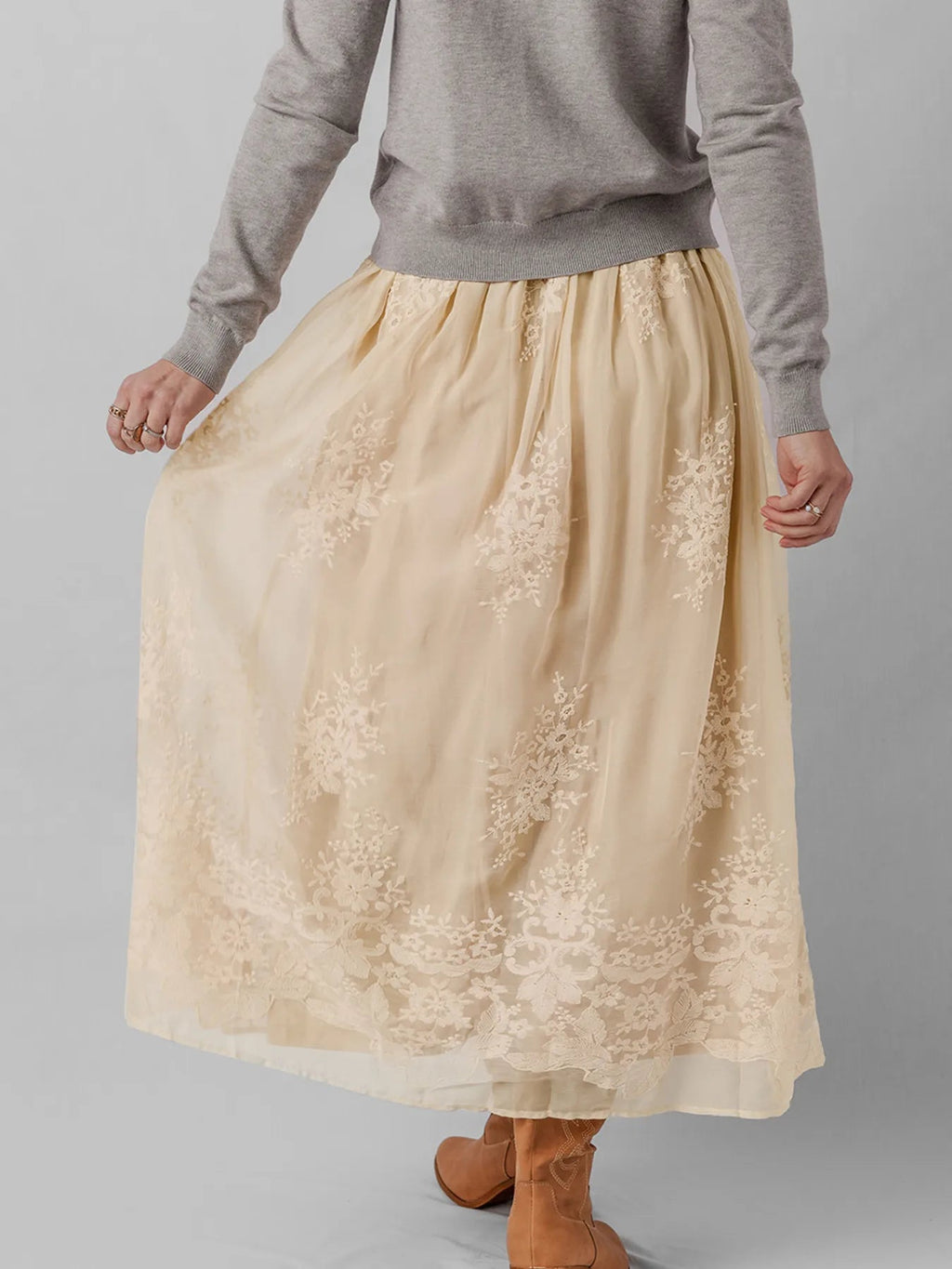 Embroidered Mesh Overlay Flowy Midi Skirt - Crowned Energy CO.