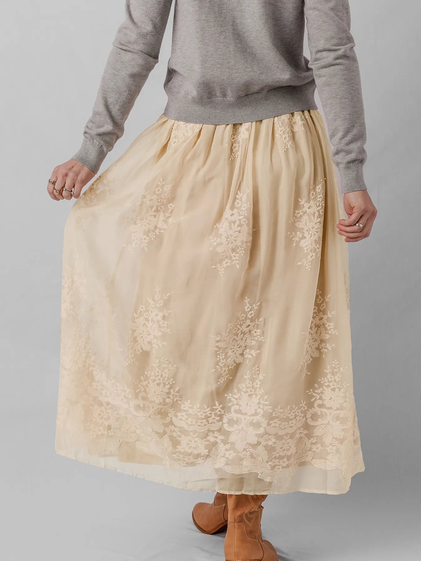 Embroidered Mesh Overlay Flowy Midi Skirt - Crowned Energy CO.