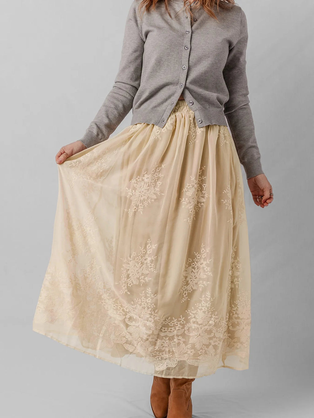Embroidered Mesh Overlay Flowy Midi Skirt - Crowned Energy CO.