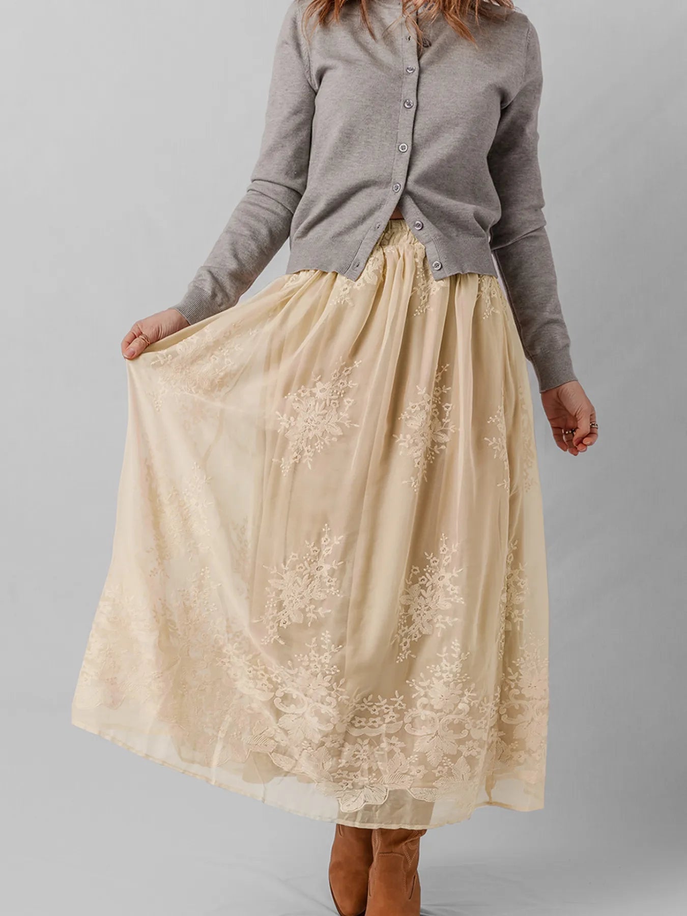 Embroidered Mesh Overlay Flowy Midi Skirt - Crowned Energy CO.
