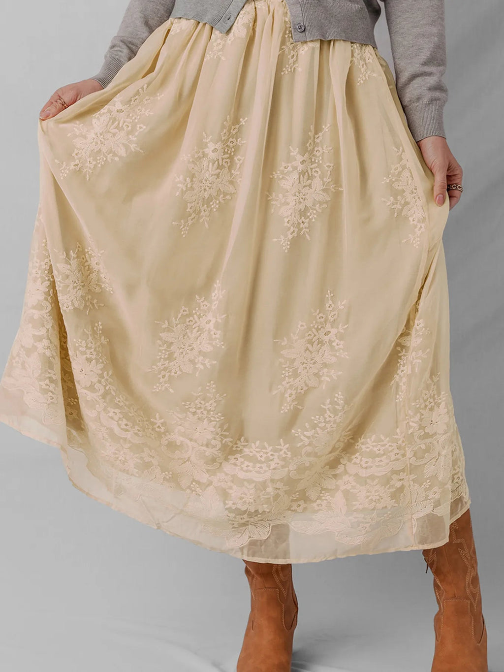 Embroidered Mesh Overlay Flowy Midi Skirt - Crowned Energy CO.