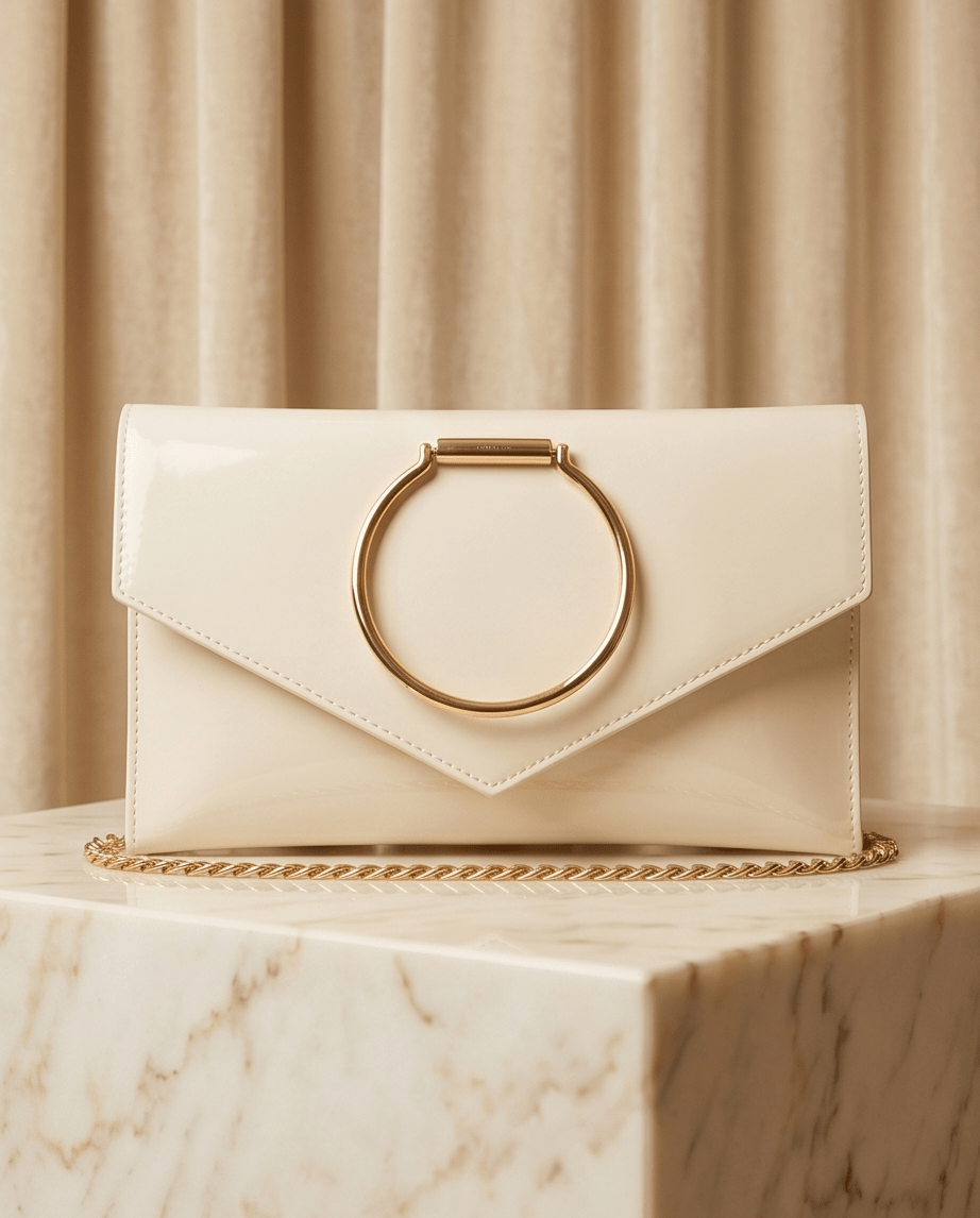 Enamel Flap Clutch Bag – Faux Leather Ring Handle - Crowned Energy CO.