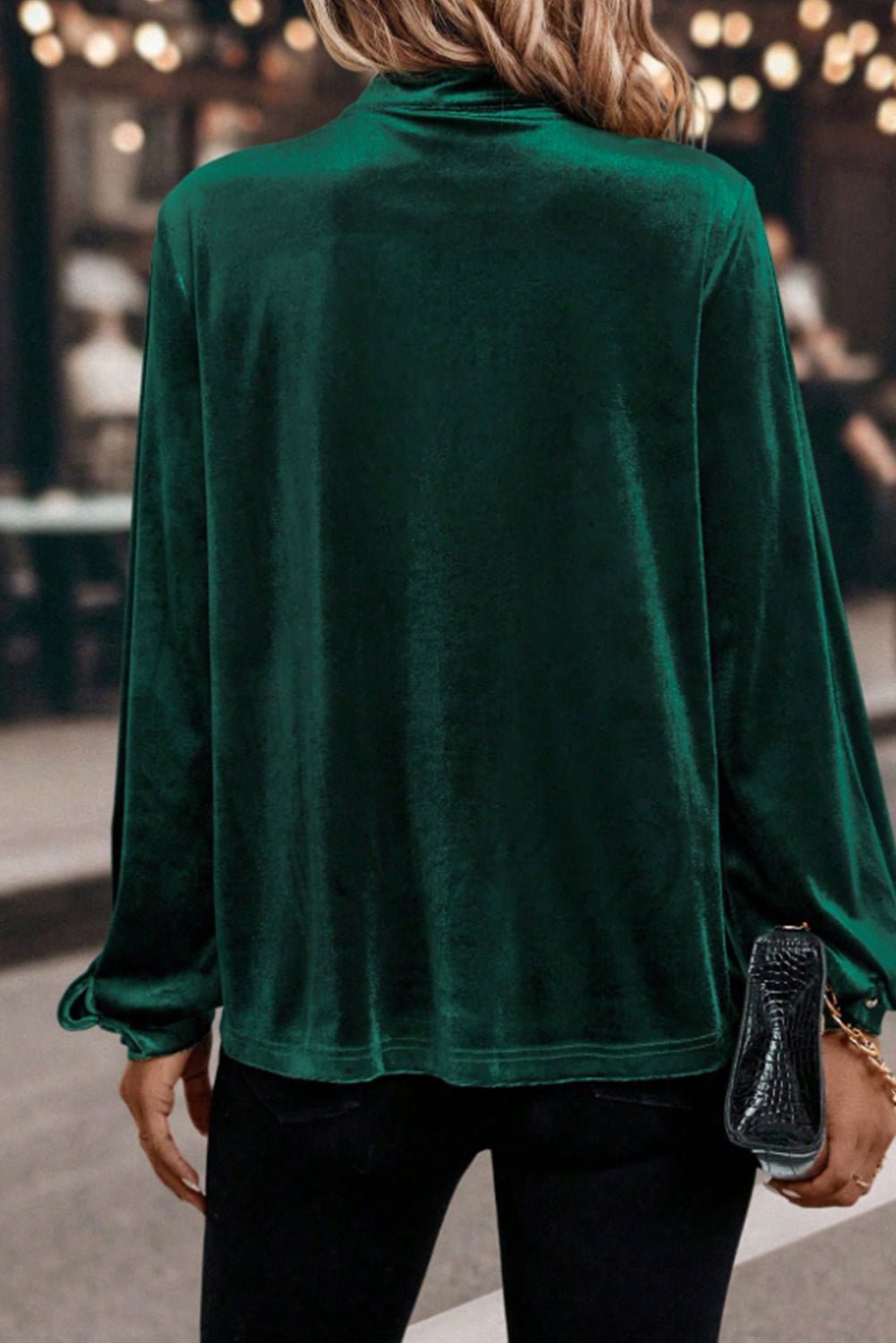 Evergreen Asymmetric Button Keyhole Neck Long Sleeve Velvet Blouse - Crowned Energy CO.