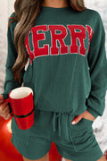 Evergreen Corded MERRY Graphic Long Sleeve Top and Shorts Set - Crowned Energy CO.