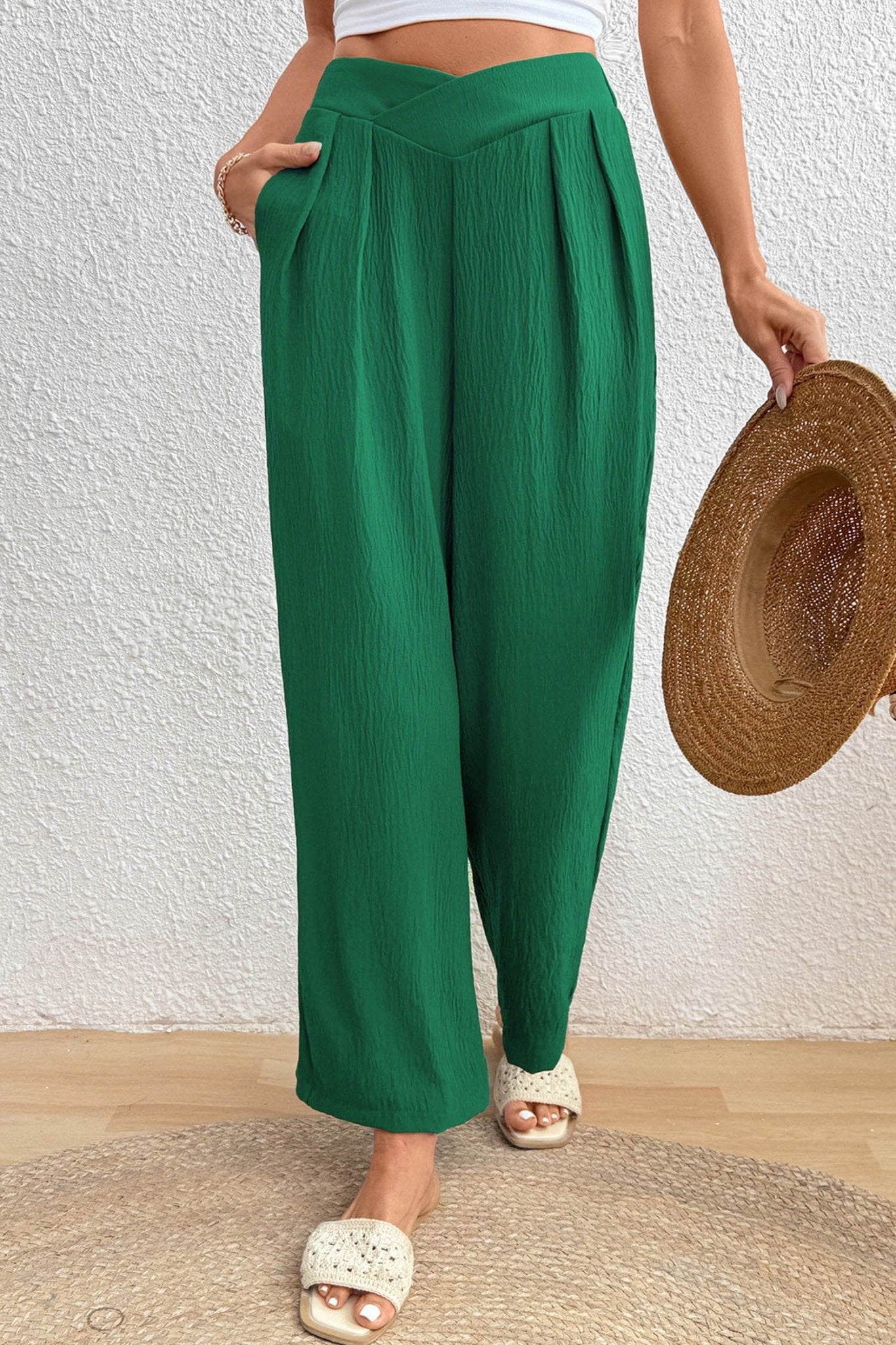 Evergreen Solid Color Textured Crossed Waist Loose Pants - Crowned Energy CO.