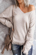 Crowned Energy CO. Eggshell / S Trendsi Sweaters & Cardigans/Cardigans Exposed Seam Fringe Hem V-Neck Long Sleeve Sweater