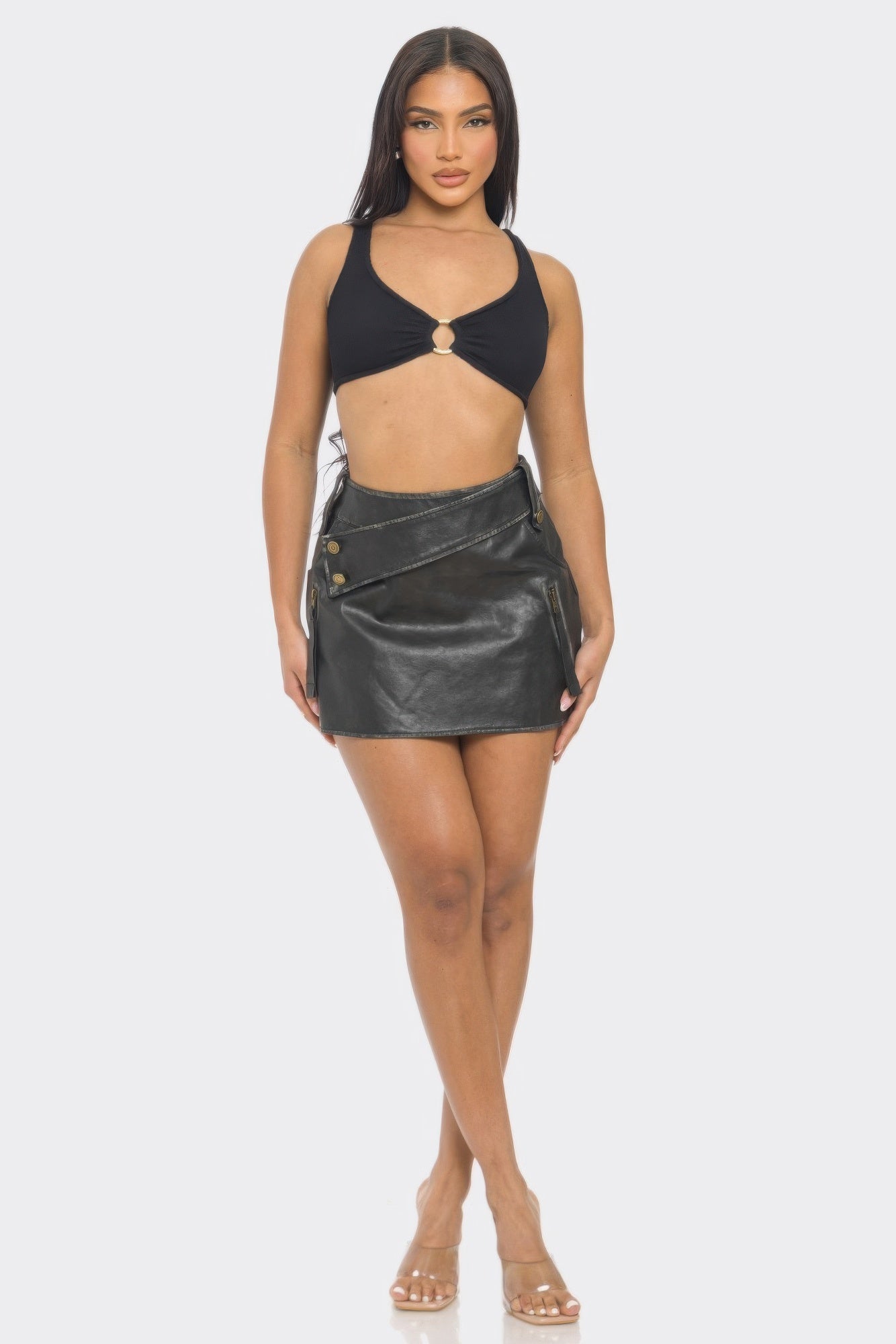 Crowned Energy CO. S CHARMING BUNNY Skirt Faux Leather Strap Mini Skirt