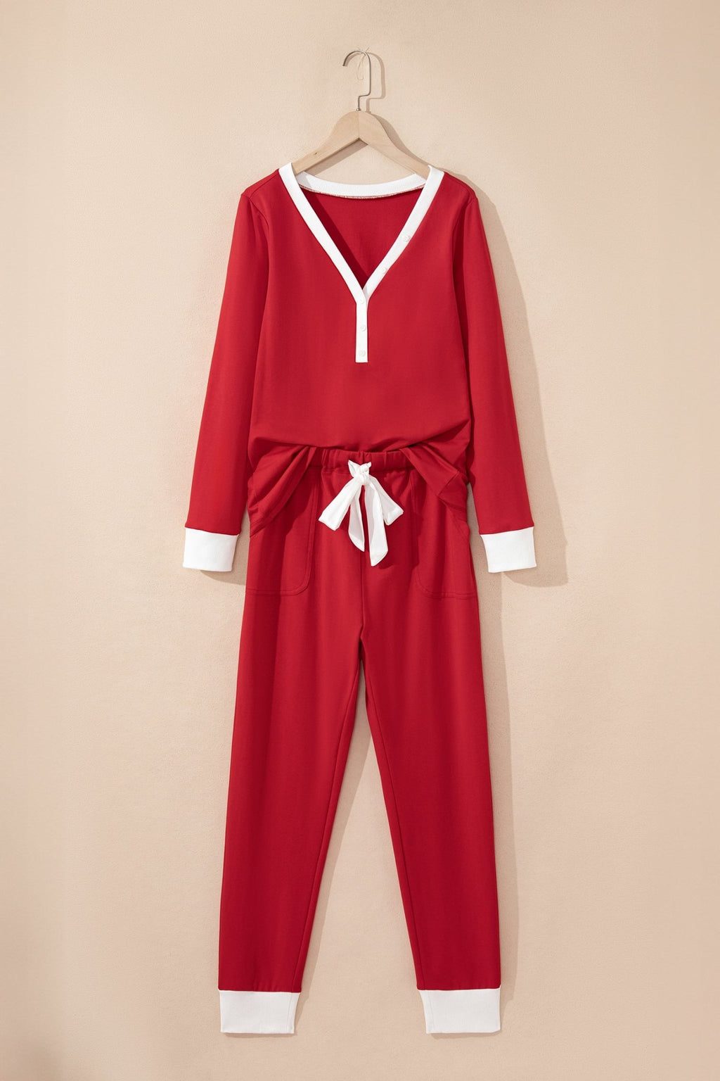 Fiery Red Contrast Trim Button V Neck Ribbon Bow Knot Waist 2pcs Lounge Pant Set - Crowned Energy CO.