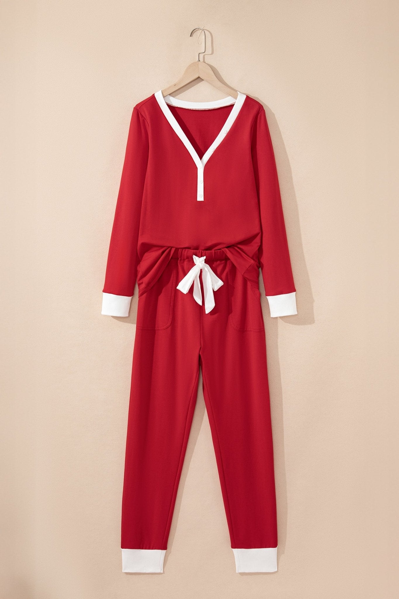 Fiery Red Contrast Trim Button V Neck Ribbon Bow Knot Waist 2pcs Lounge Pant Set - Crowned Energy CO.