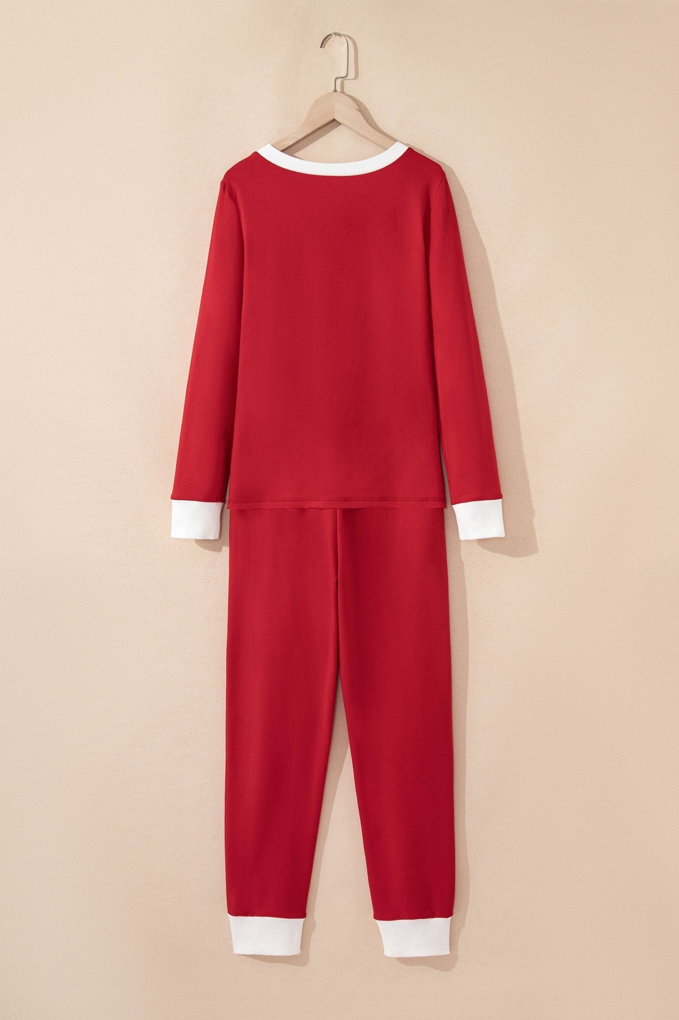 Fiery Red Contrast Trim Button V Neck Ribbon Bow Knot Waist 2pcs Lounge Pant Set - Crowned Energy CO.