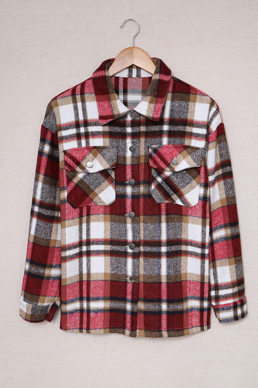 Fiery Red Geometric Plaid Print Pocketed Shacket - Crowned Energy CO.