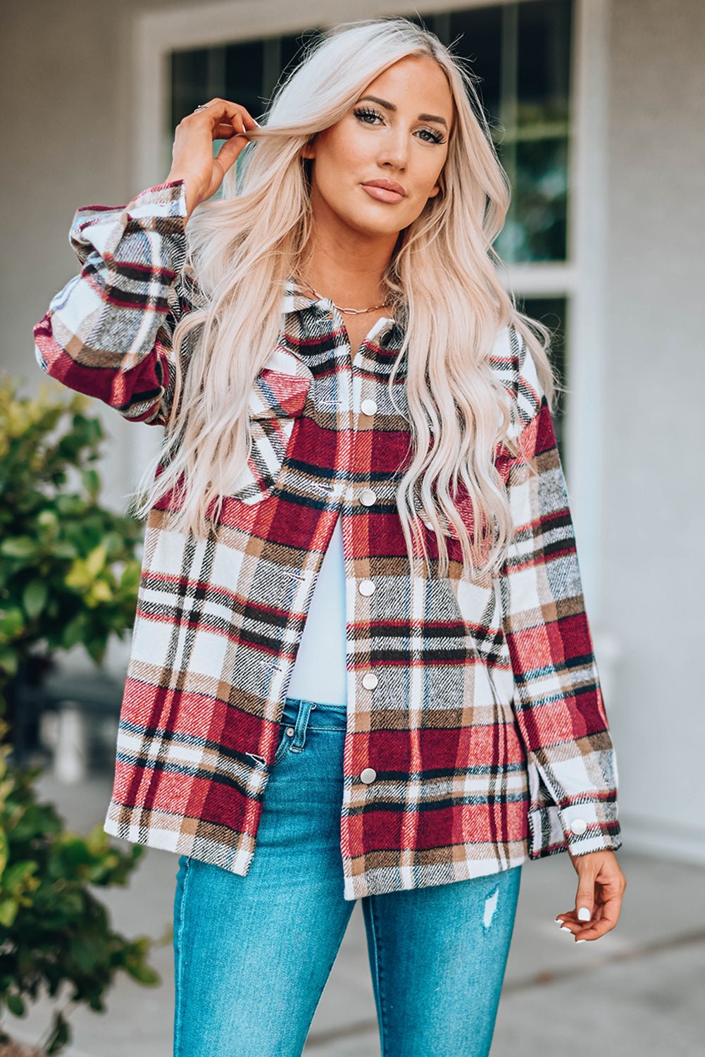 Fiery Red Geometric Plaid Print Pocketed Shacket - Crowned Energy CO.