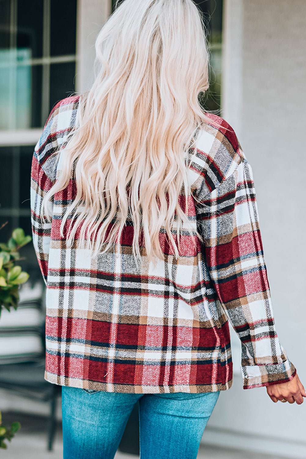 Fiery Red Geometric Plaid Print Pocketed Shacket - Crowned Energy CO.