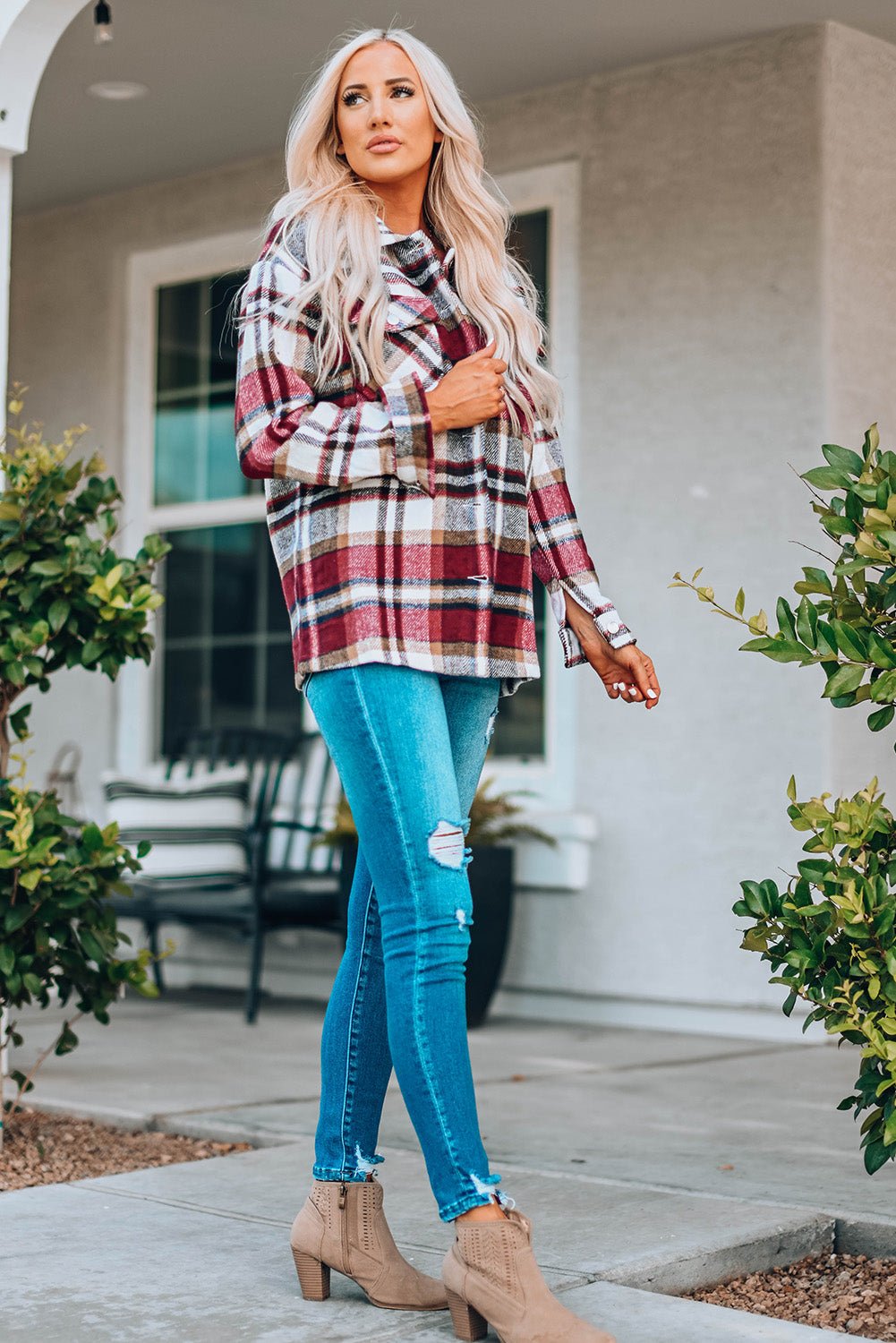 Fiery Red Geometric Plaid Print Pocketed Shacket - Crowned Energy CO.