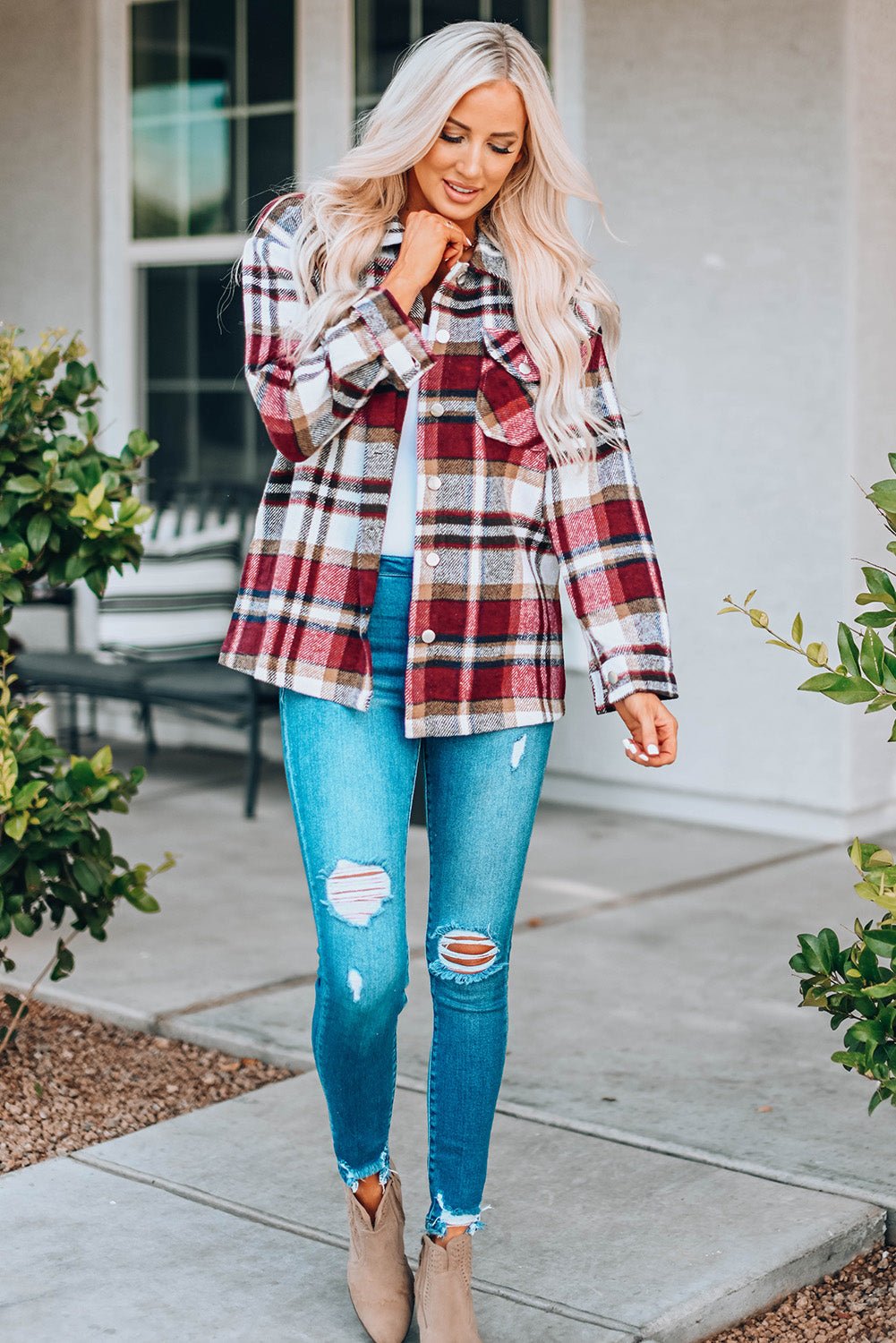 Fiery Red Geometric Plaid Print Pocketed Shacket - Crowned Energy CO.