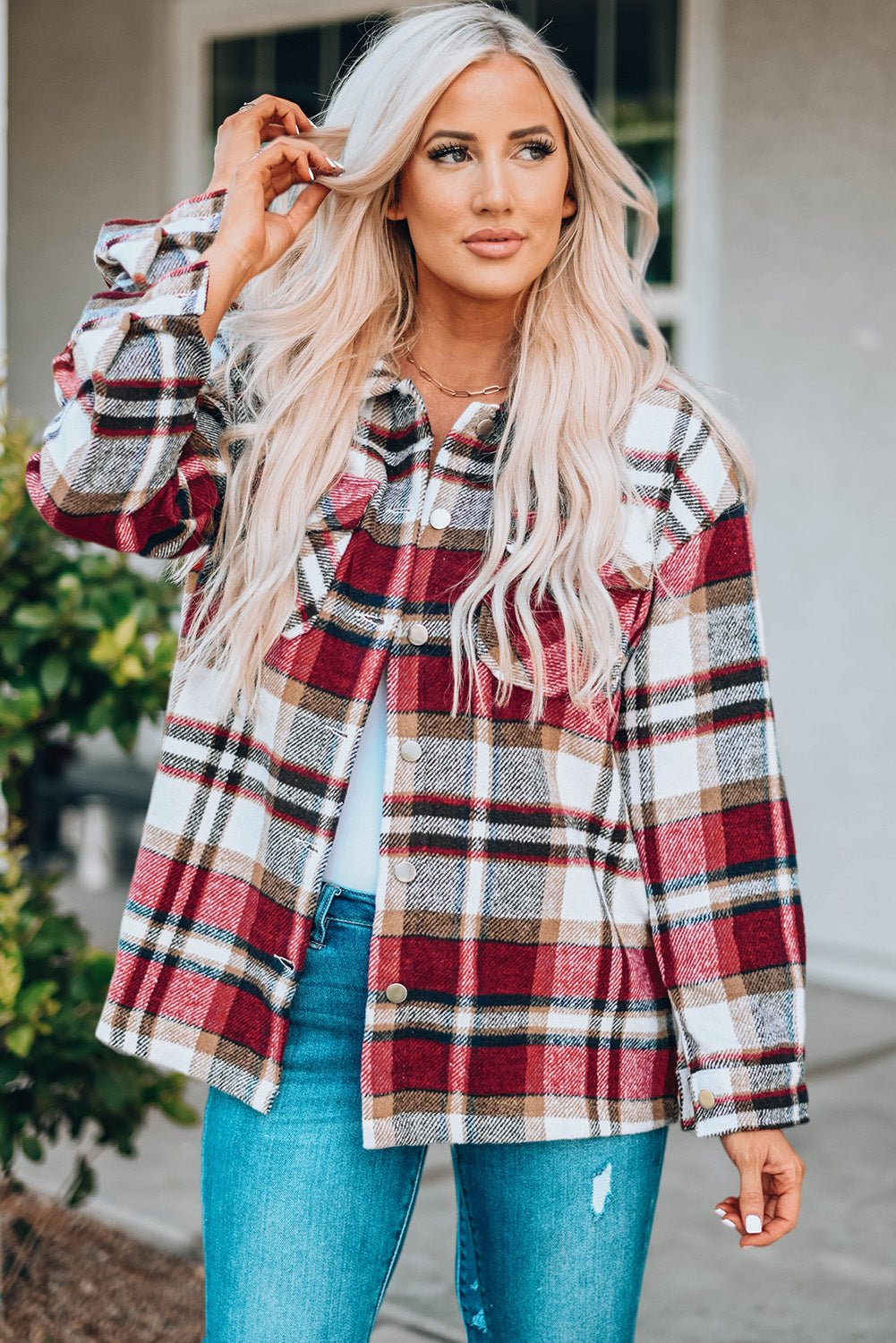 Fiery Red Geometric Plaid Print Pocketed Shacket - Crowned Energy CO.