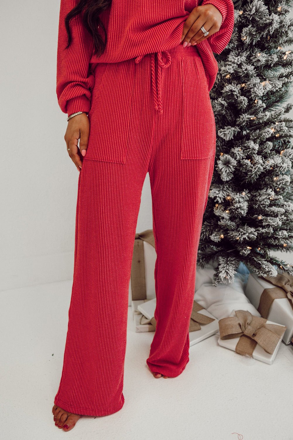 Fiery Red JOLLY Corded Long Sleeve Top and Pockets Pants Set - Crowned Energy CO.