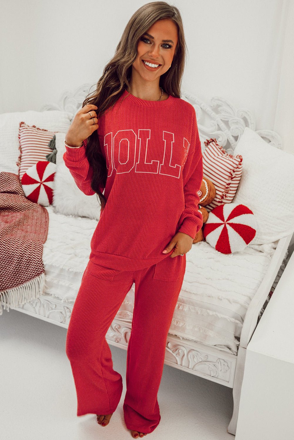 Fiery Red JOLLY Corded Long Sleeve Top and Pockets Pants Set - Crowned Energy CO.