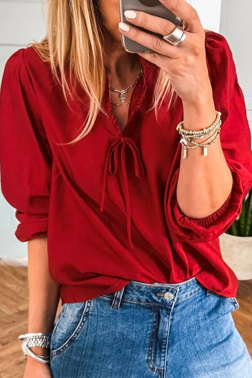 Fiery Red Solid Color Frilled V Neck Bow Detail 3/4 Sleeve Blouse - Crowned Energy CO.