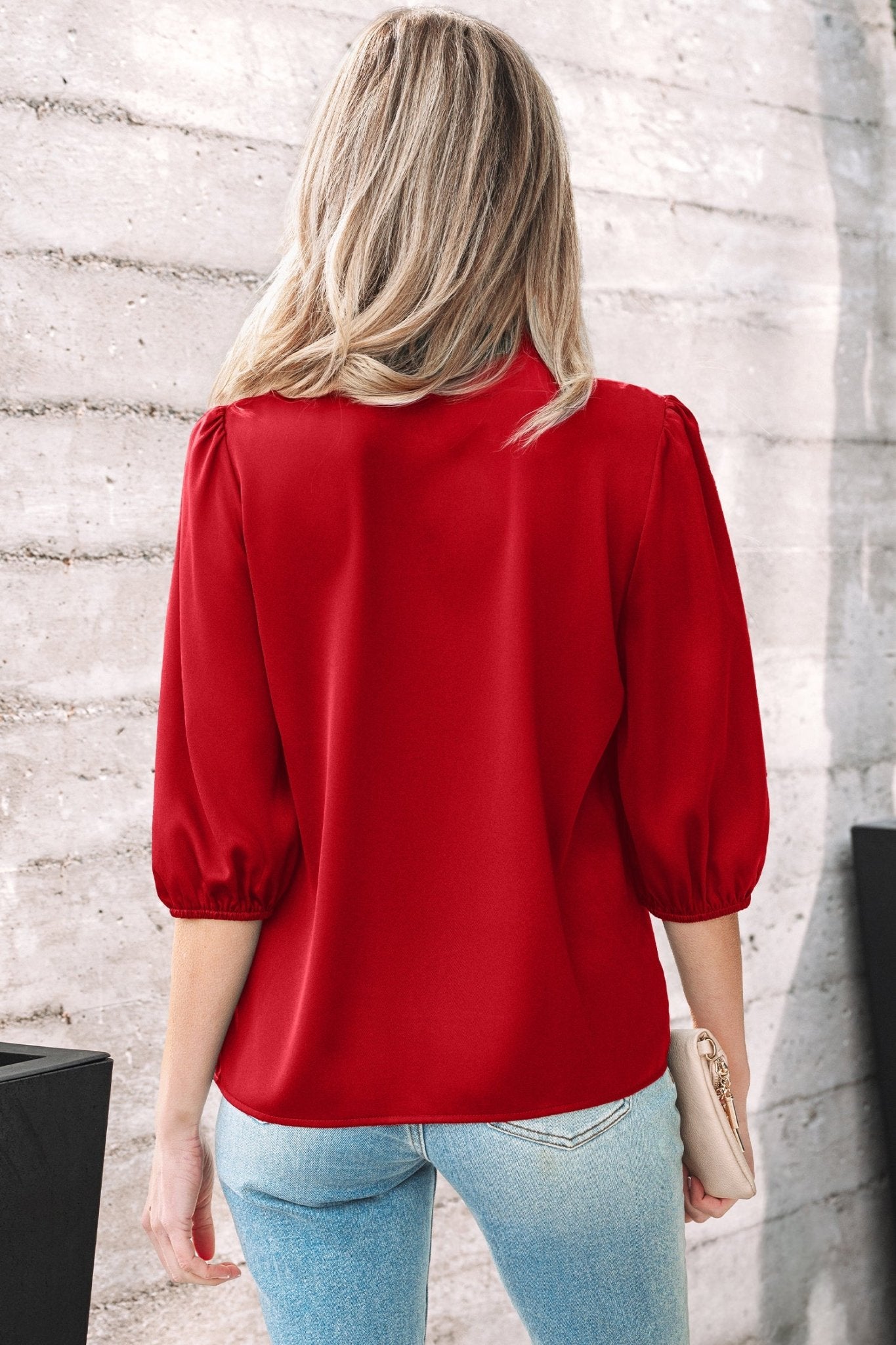 Fiery Red Solid Color Frilled V Neck Bow Detail 3/4 Sleeve Blouse - Crowned Energy CO.