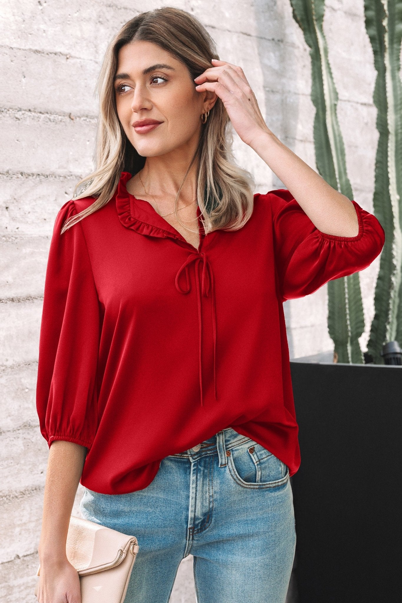 Fiery Red Solid Color Frilled V Neck Bow Detail 3/4 Sleeve Blouse - Crowned Energy CO.