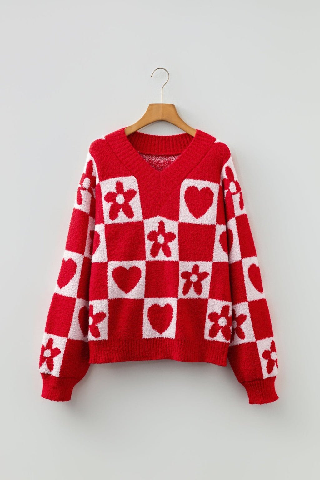 Fiery Red V Neck Flower Heart Detail Checkered Knit Loose Sweater - Crowned Energy CO.