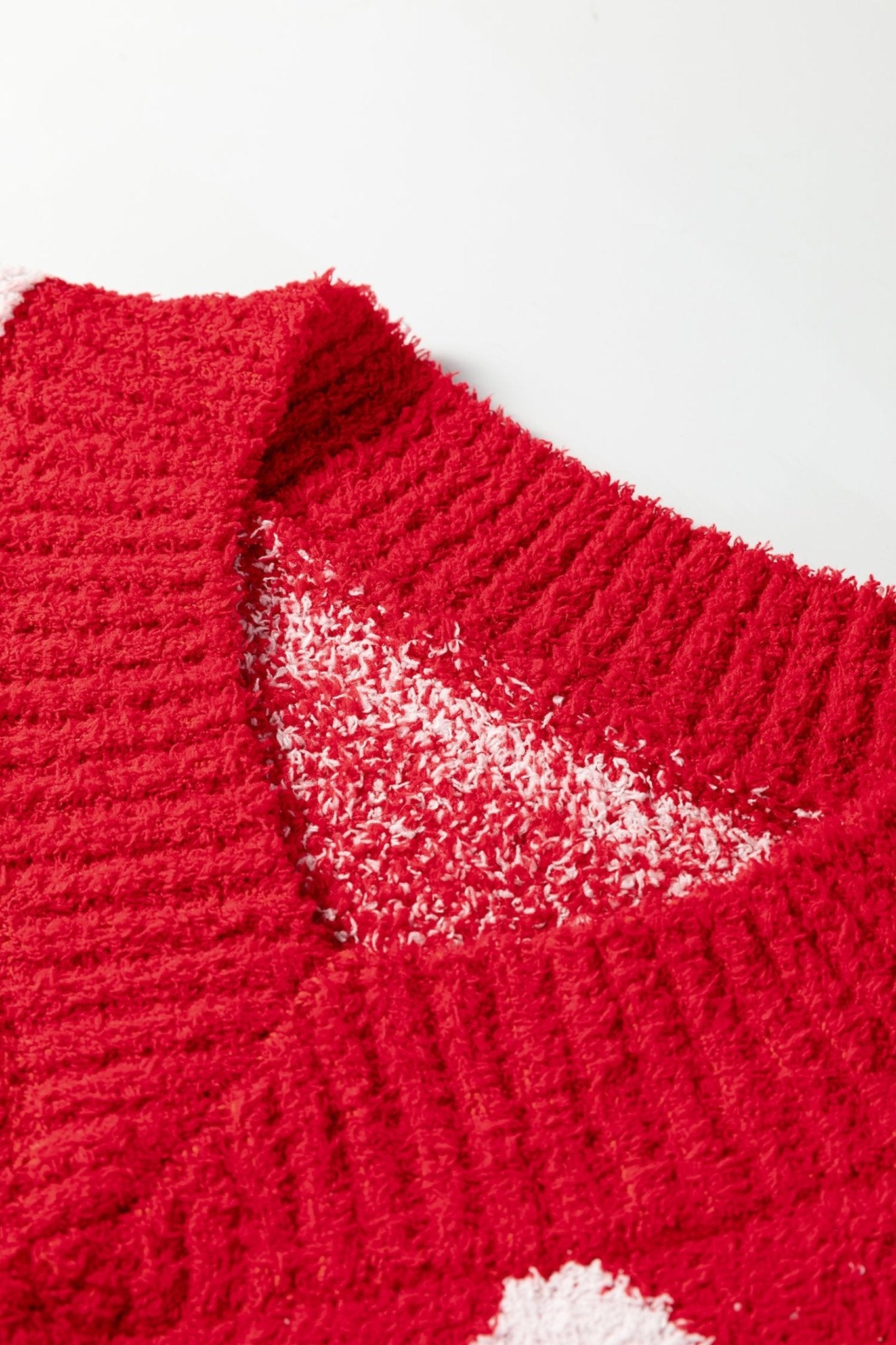 Fiery Red V Neck Flower Heart Detail Checkered Knit Loose Sweater - Crowned Energy CO.