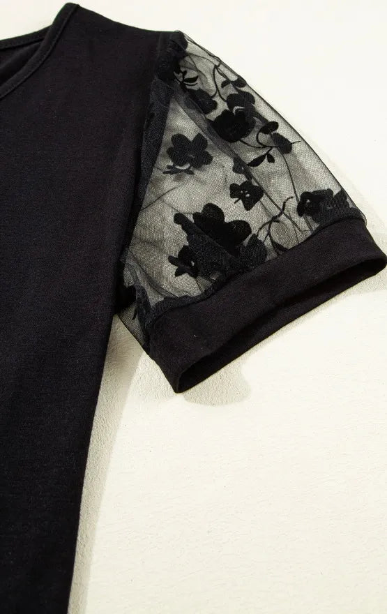 Flora Lace Patchwork Crew Neck Top - Crowned Energy CO.