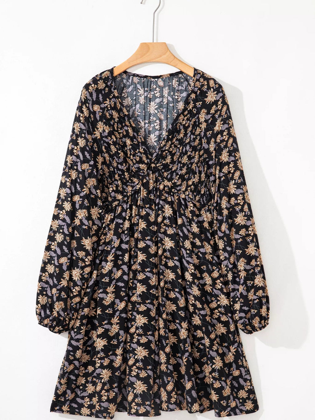 Floral Deep V Neck Smocked Bust Bubble Sleeve Babydoll Dress - Crowned Energy CO.