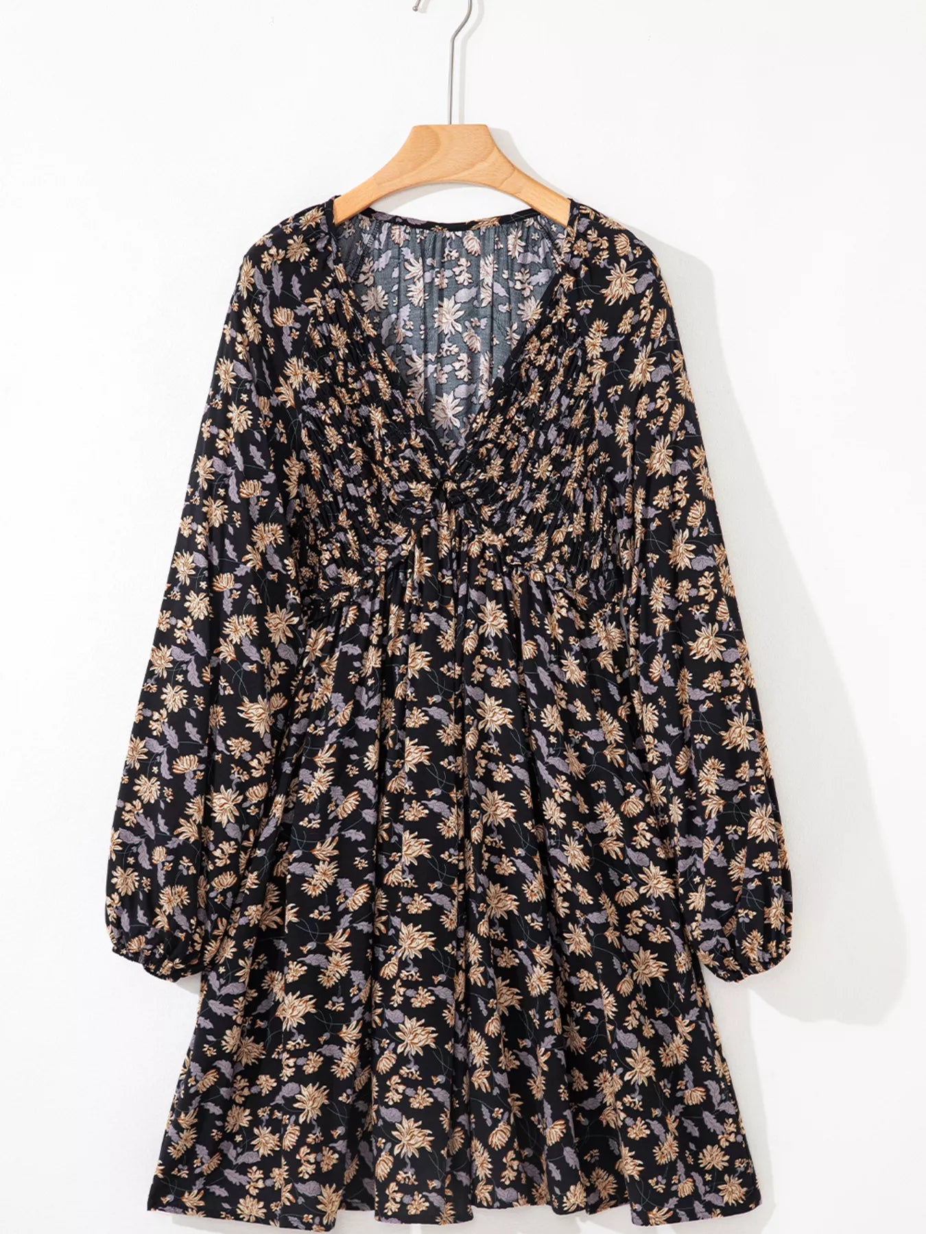 Floral Deep V Neck Smocked Bust Bubble Sleeve Babydoll Dress - Crowned Energy CO.