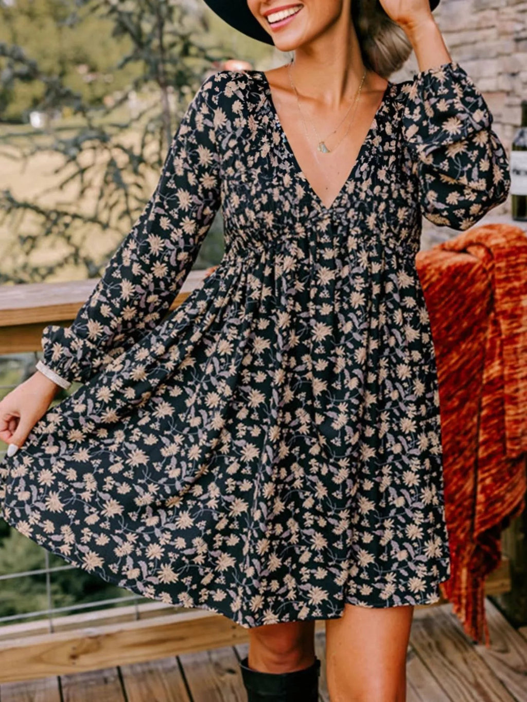 Floral Deep V Neck Smocked Bust Bubble Sleeve Babydoll Dress - Crowned Energy CO.