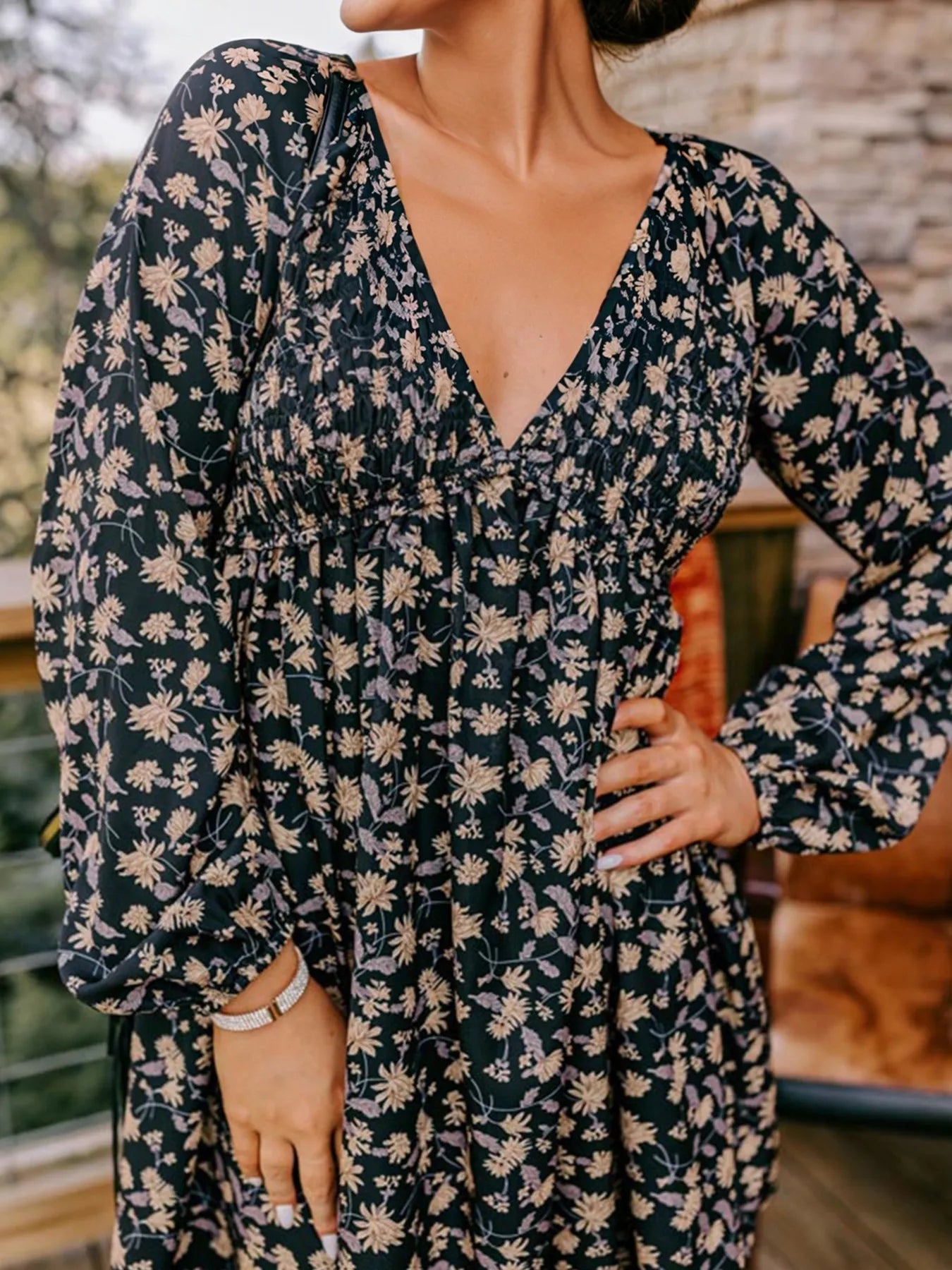 Floral Deep V Neck Smocked Bust Bubble Sleeve Babydoll Dress - Crowned Energy CO.