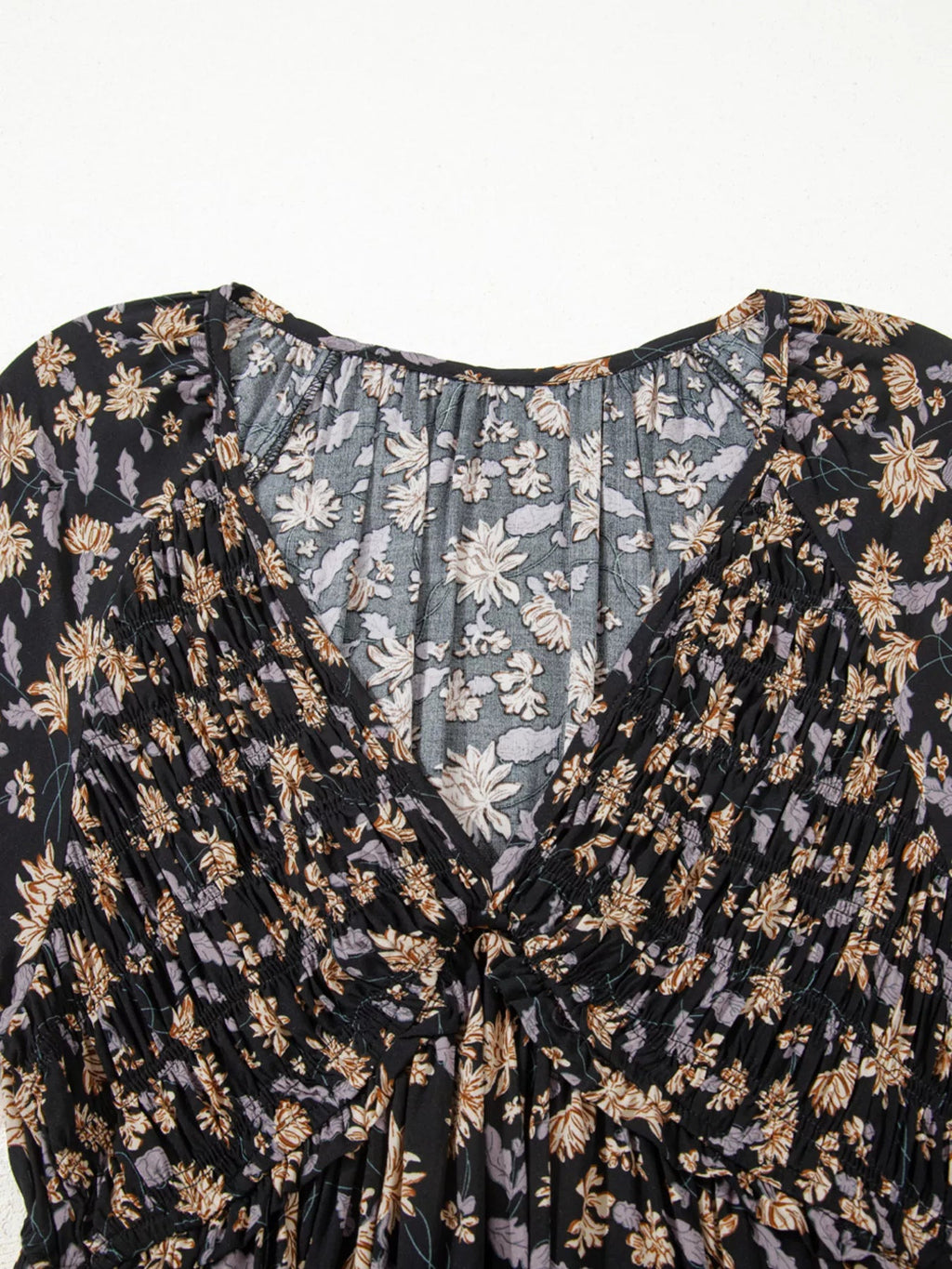 Floral Deep V Neck Smocked Bust Bubble Sleeve Babydoll Dress - Crowned Energy CO.