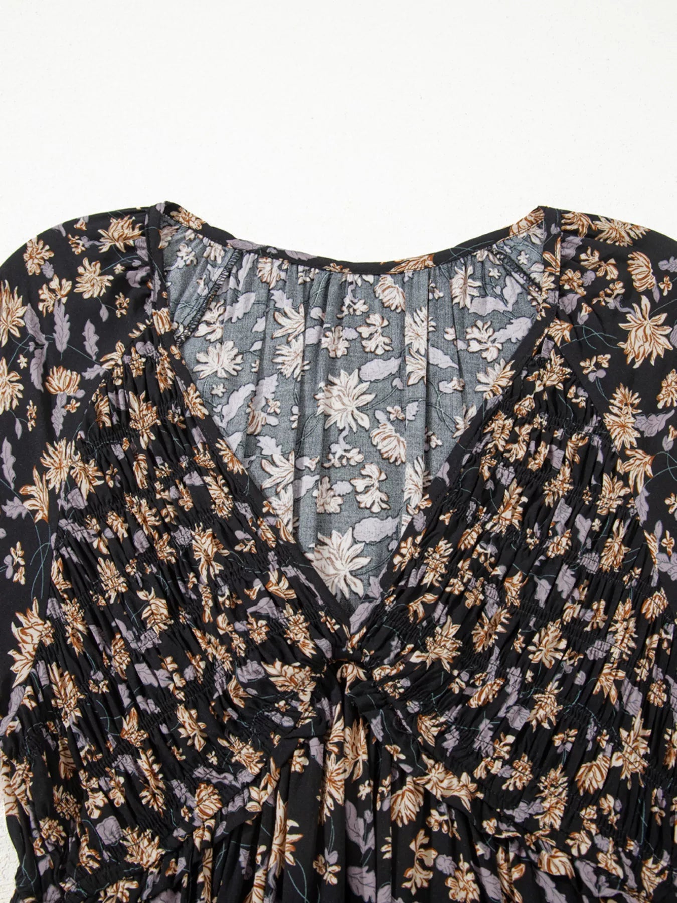 Floral Deep V Neck Smocked Bust Bubble Sleeve Babydoll Dress - Crowned Energy CO.