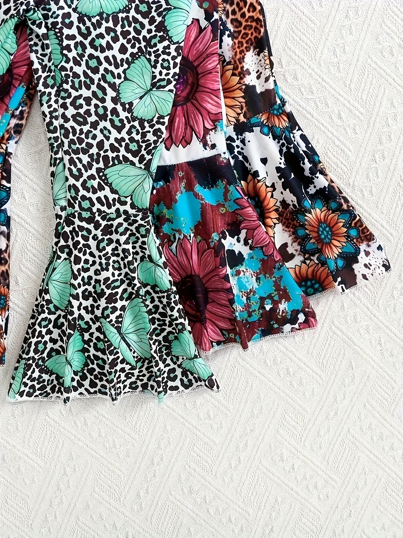 Floral Leopard Print Butterfly 'LOVE' Letter Graphic Short - Sleeve T-Shirt and Flared Long Pants - Crowned Energy CO.