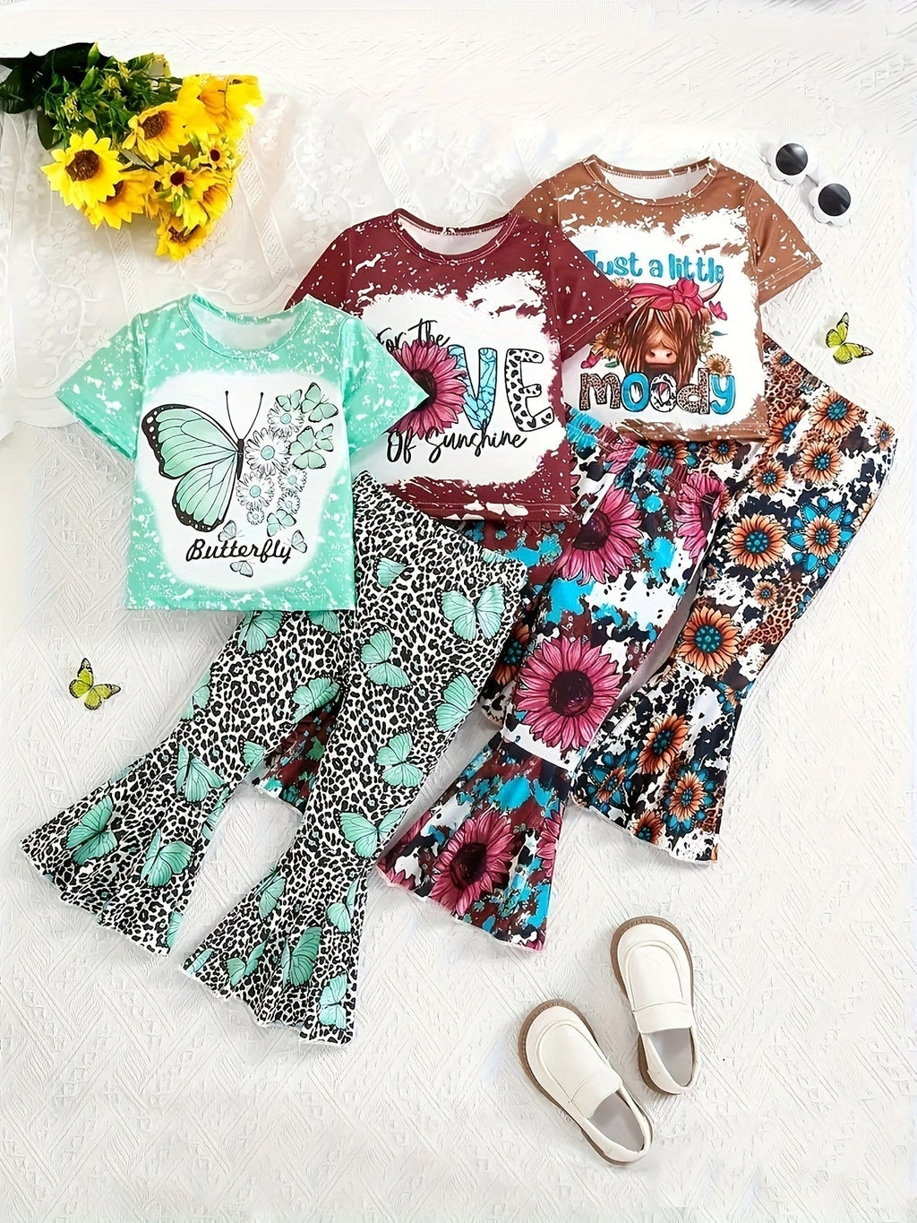 Floral Leopard Print Butterfly 'LOVE' Letter Graphic Short - Sleeve T-Shirt and Flared Long Pants - Crowned Energy CO.