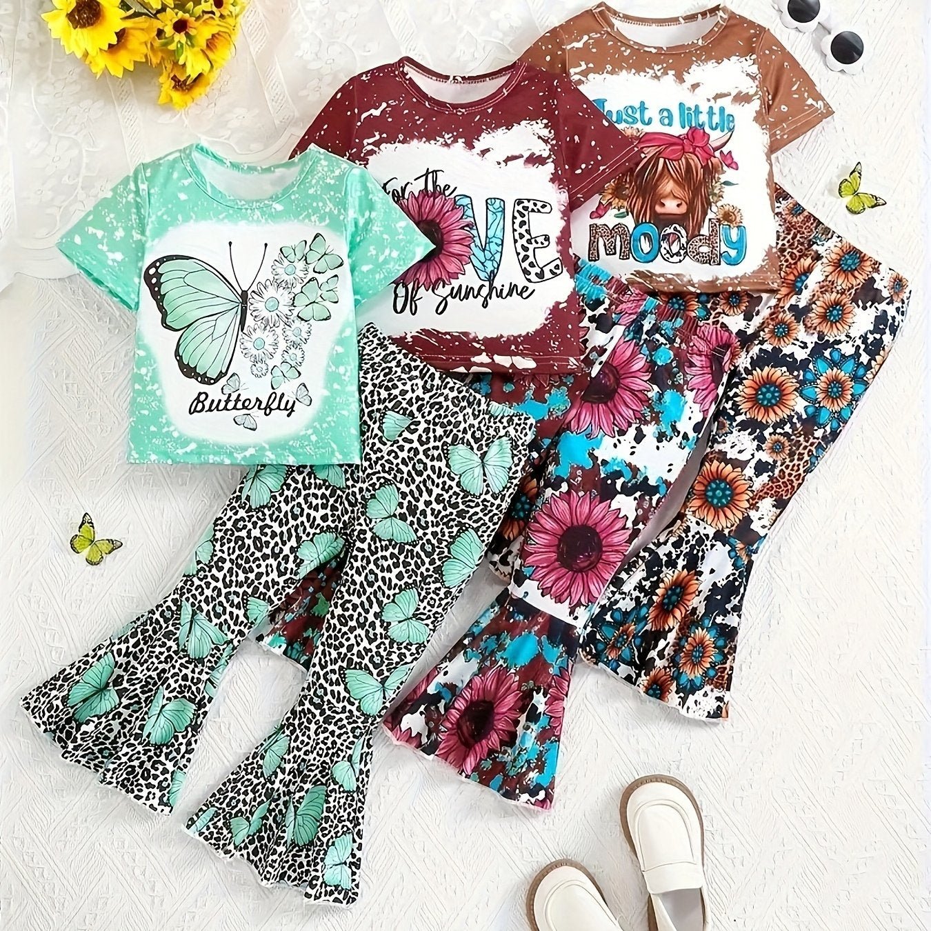 Floral Leopard Print Butterfly 'LOVE' Letter Graphic Short - Sleeve T-Shirt and Flared Long Pants - Crowned Energy CO.