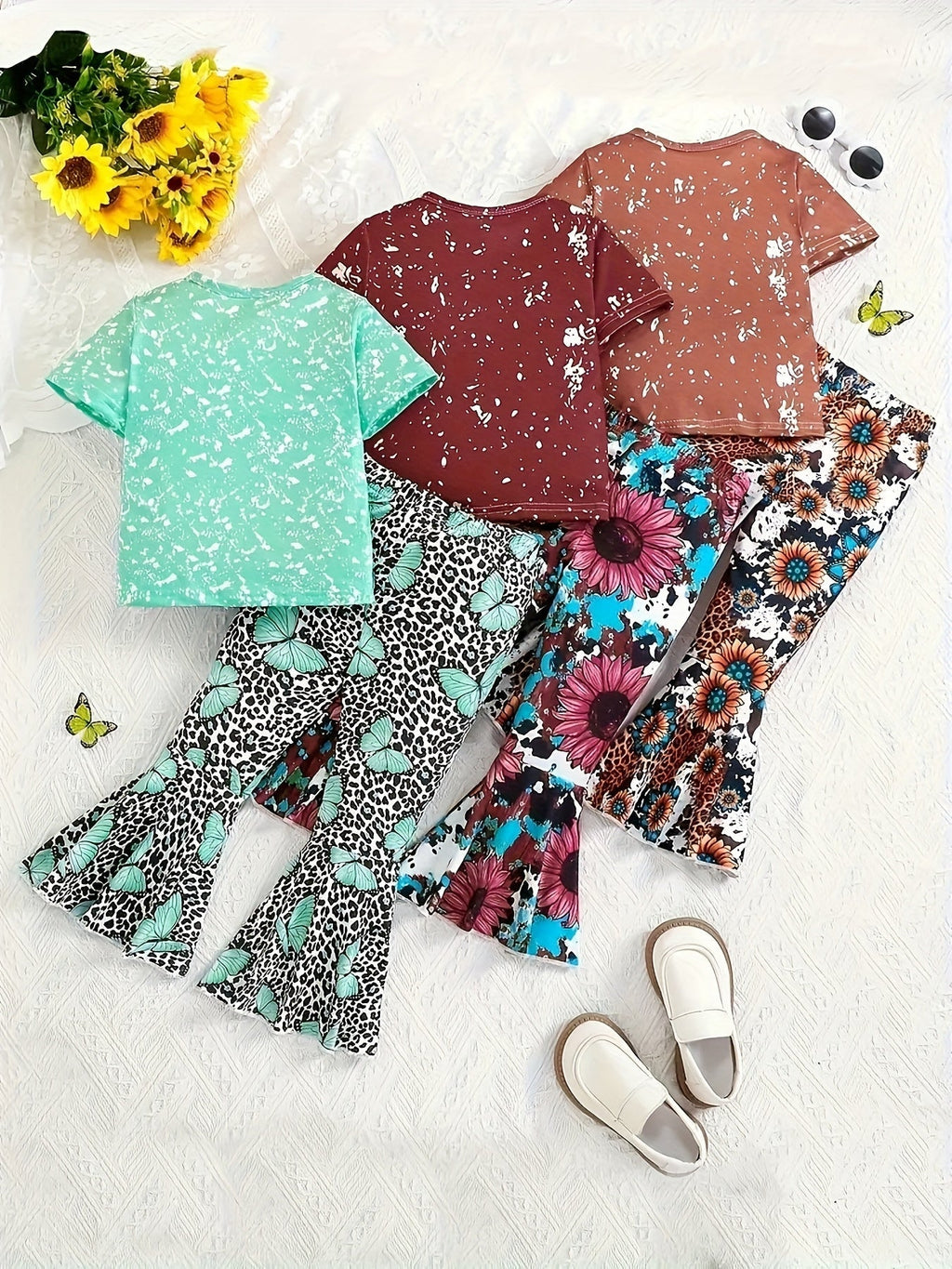 Floral Leopard Print Butterfly 'LOVE' Letter Graphic Short - Sleeve T-Shirt and Flared Long Pants - Crowned Energy CO.