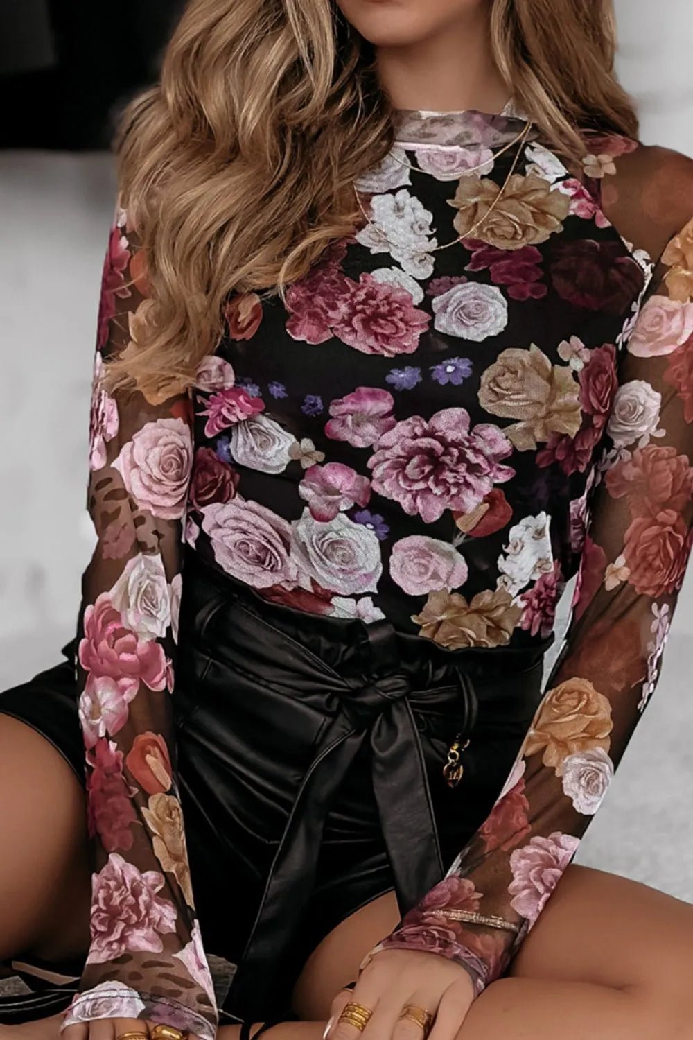 Floral Mock Neck Long Sleeve Mesh Top - Crowned Energy CO.
