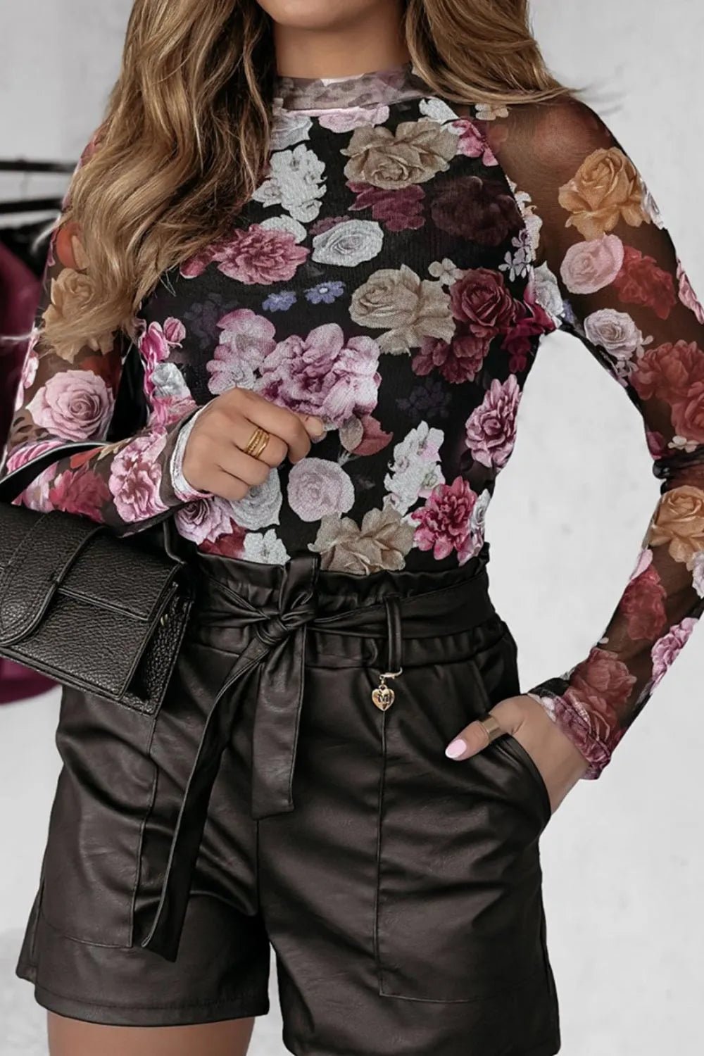 Floral Mock Neck Long Sleeve Mesh Top - Crowned Energy CO.