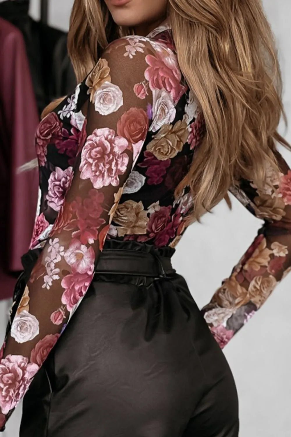 Floral Mock Neck Long Sleeve Mesh Top - Crowned Energy CO.